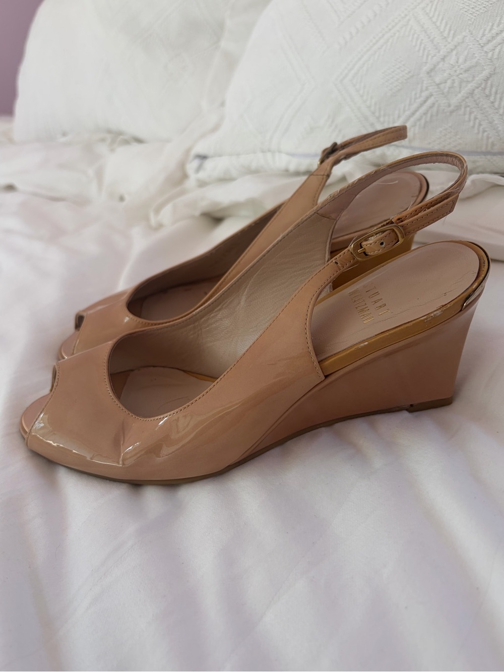 Stuart Weitzman Nude Patent Leather Peep Toe Wedge Heels 6.5